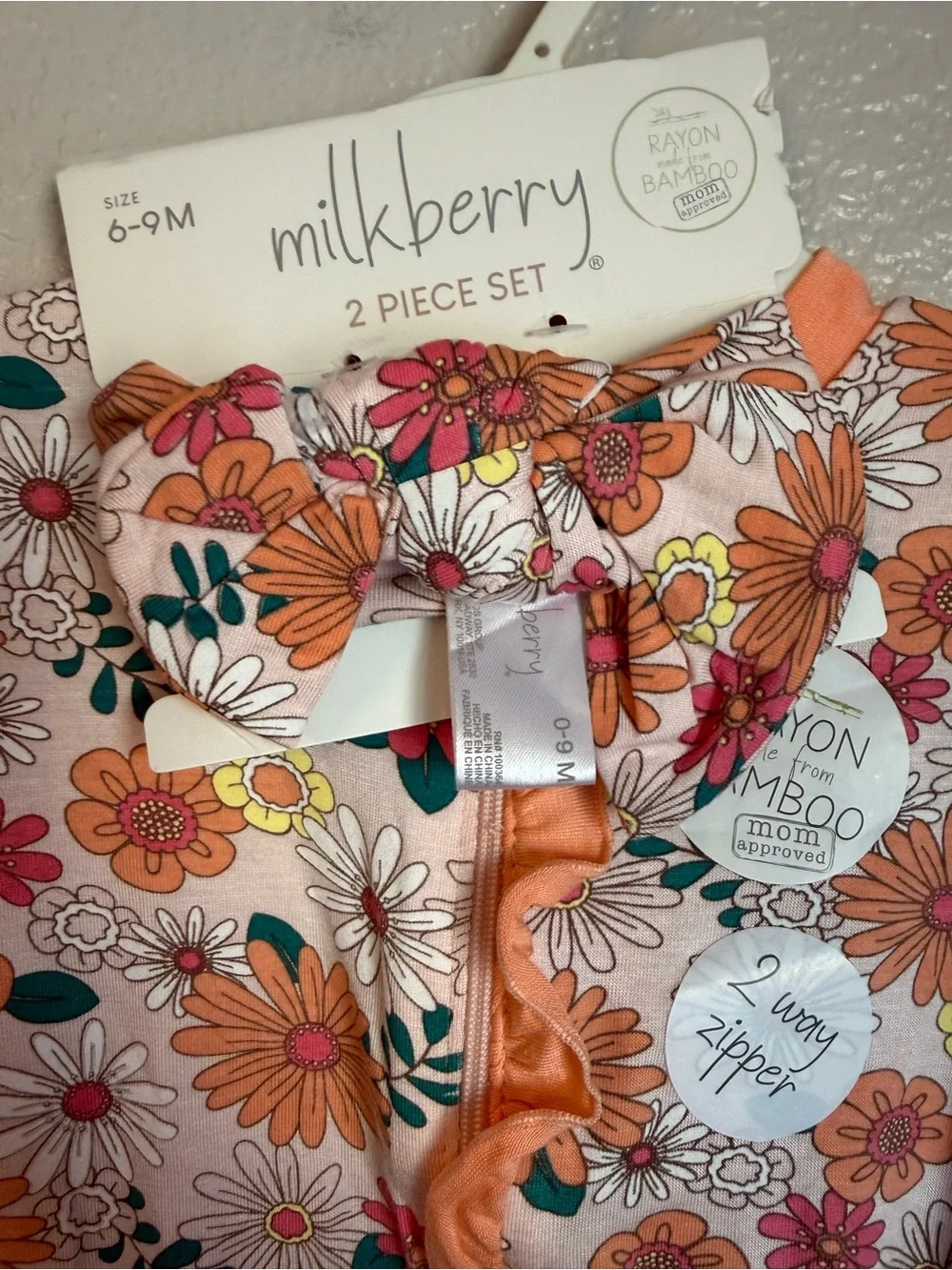 Milkberry Peach Floral Ruffle Footed One-Piece for Kids